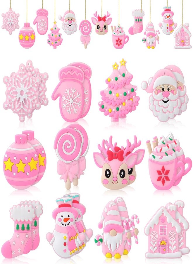 Lunmon 24 Pcs Pink Christmas Ornaments PVC Pastel Ornaments for Christmas Tree Santa Claus Gingerbread House Gnomes Xmas Baubles Winter Decorations for Xmas Tree Party Holiday Decor - Image 1